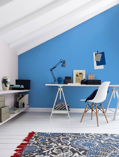 Peek-a-boo blue office space with white furniture